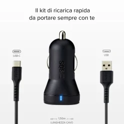 Kit caricatore auto 10 Watt - due porte USB e cavo USB e USB-C incluso